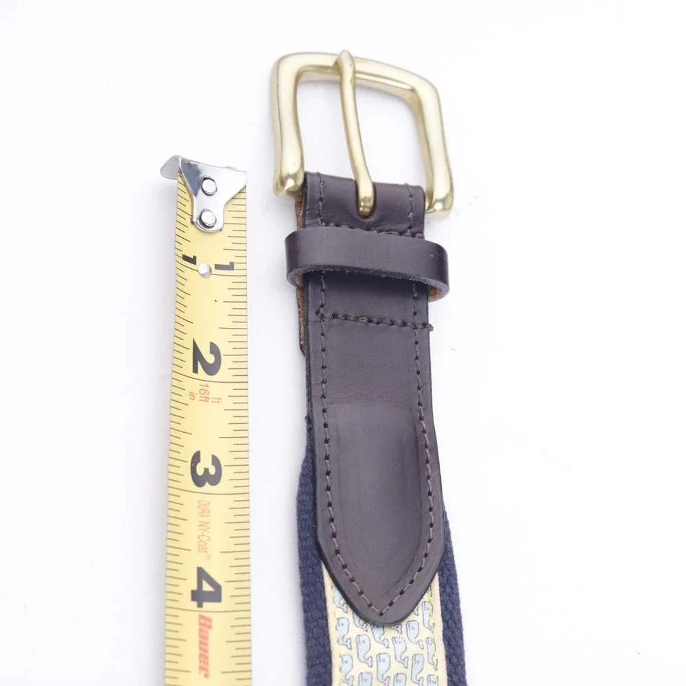 Vineyard Vines Mens Belt Size 30 Yellow Navy Blue Whale Print Brown Leather Tip